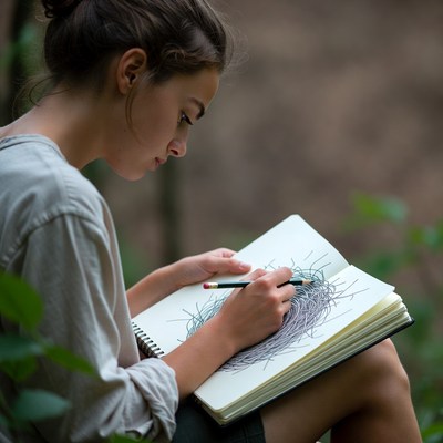 Woman sketching in forest