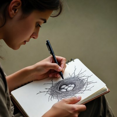 Woman drawing bird nest sketch