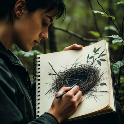 Woman sketching bird nest in forest