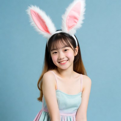 Asian girl wearing pink bunny ears