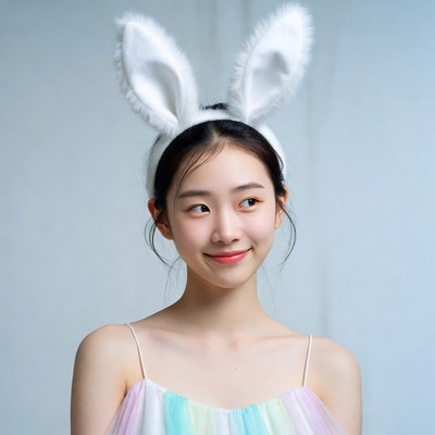 Asian girl wearing bunny ears headband