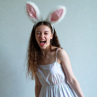 Girl laughing with bunny ears headband