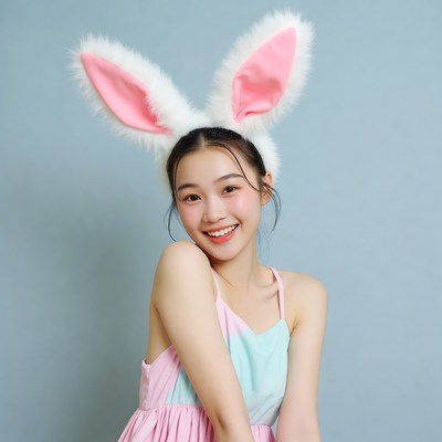 Asian girl wearing pink bunny ears