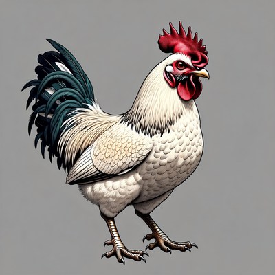 White rooster standing on gray background