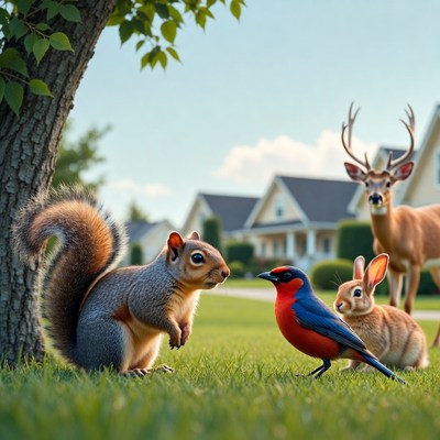 Squirrel, Cardinal, Bunny and Deer Outdoors