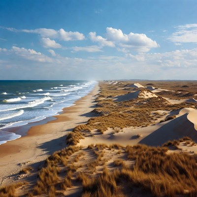 Sandy Beach with Dunes and Ocean Waves