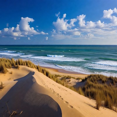 Sandy Dunes with Footprints and Ocean