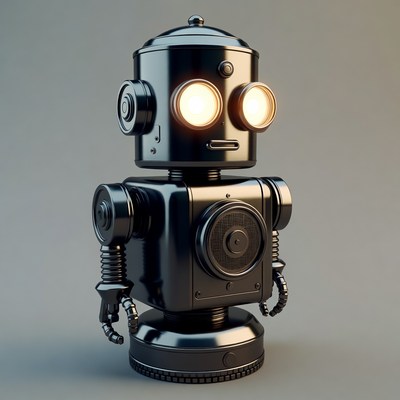 Shiny black robot with glowing eyes