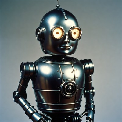 Shiny silver robot with glowing eyes