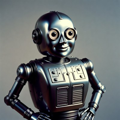 Shiny silver robot posing confidently