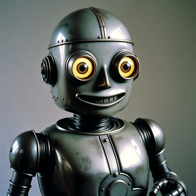 Smiling robot with yellow eyes