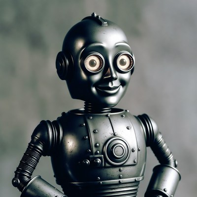 Smiling silver robot with glowing eyes