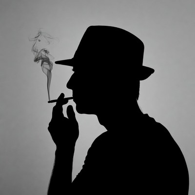 Silhouette man smoking cigarette in fedora