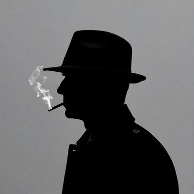 Man silhouette smoking cigarette in fedora