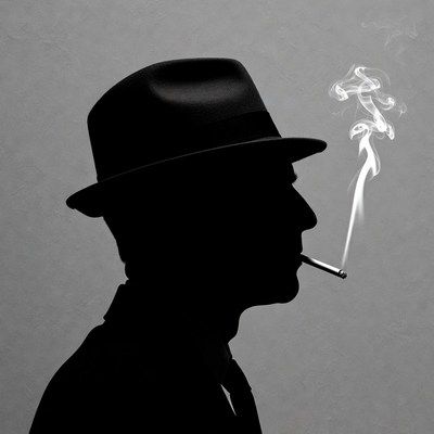Man silhouette smoking cigarette in fedora