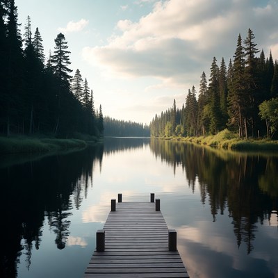 Wooden Pier Extending into Forest Lake