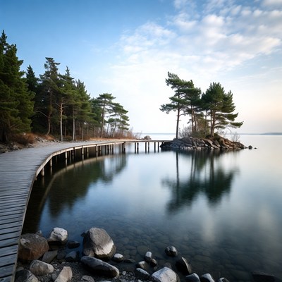 Wooden Boardwalk Over Calm Lake