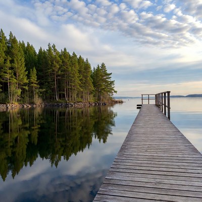 Wooden pier extending into calm lake
