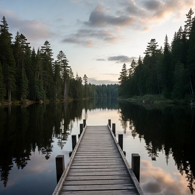 Wooden pier over calm lake at sunset