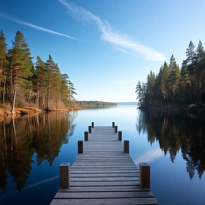 Wooden pier extending into calm lake