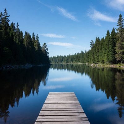 Wooden Pier Extending into Forest Lake