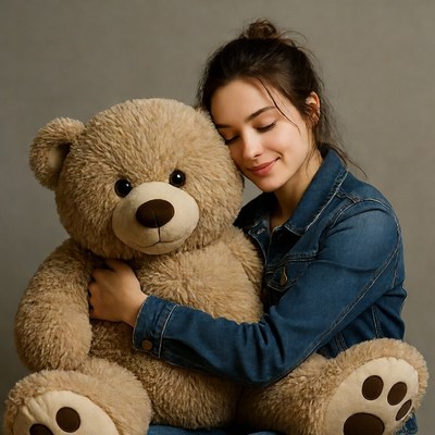 Woman hugging giant teddy bear