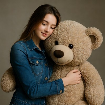 Woman hugging giant teddy bear