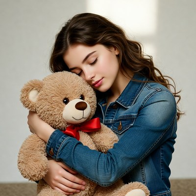 Girl hugging teddy bear