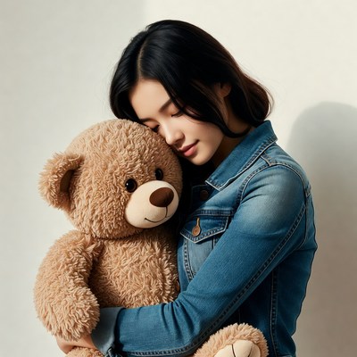 Asian woman hugging teddy bear