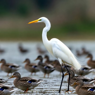 Great Egret with Ducks in Water