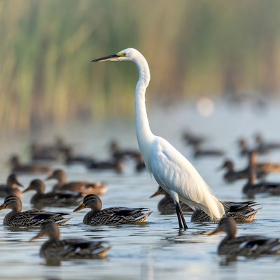 White Egret Standing Among Ducks