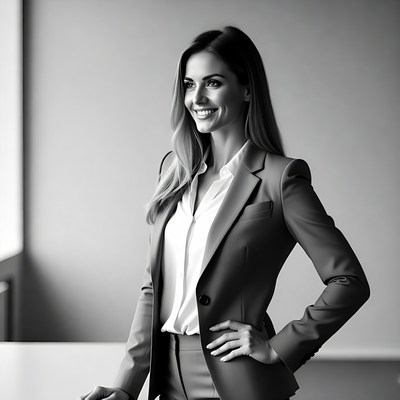 Smiling woman in gray suit