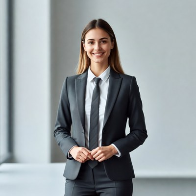 Smiling woman in gray business suit