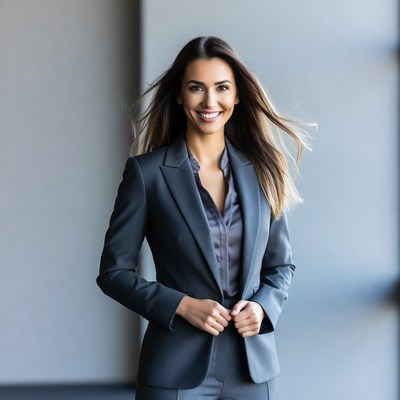 Smiling woman in gray business suit