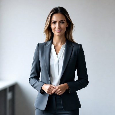 Smiling woman in gray business suit