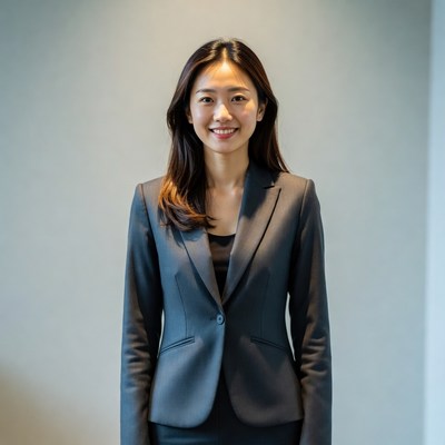 Asian woman in gray suit smiling