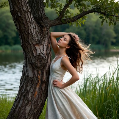 Woman leaning against tree by lake