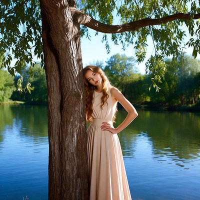 Woman in beige dress by tree lake