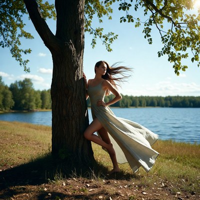 Woman in flowing dress by lake tree