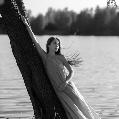 Woman leaning on tree by lake