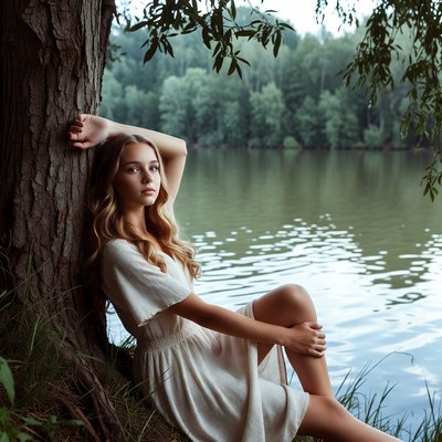 Young woman leaning against tree by lake