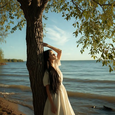 Asian woman leaning against tree by lake