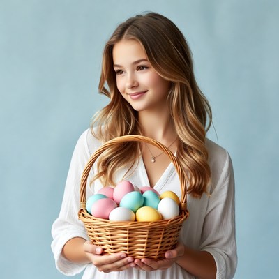 Girl holding Easter basket eggs