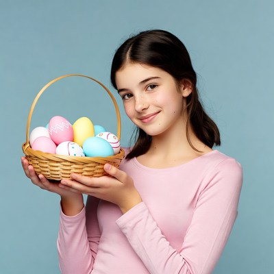 Girl holding Easter basket with eggs