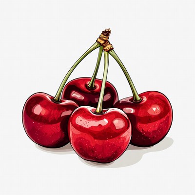 Four red cherries with stems