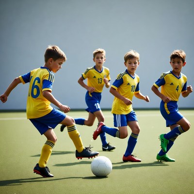 Boys playing soccer in yellow jerseys