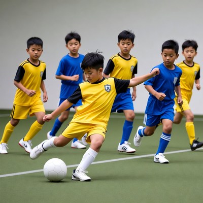 Young boy kicking soccer ball