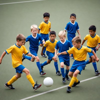 Boys playing soccer on field