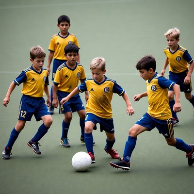 Boys playing soccer on field