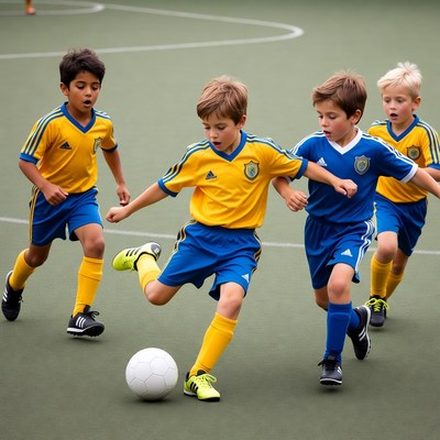 Boys playing soccer on court